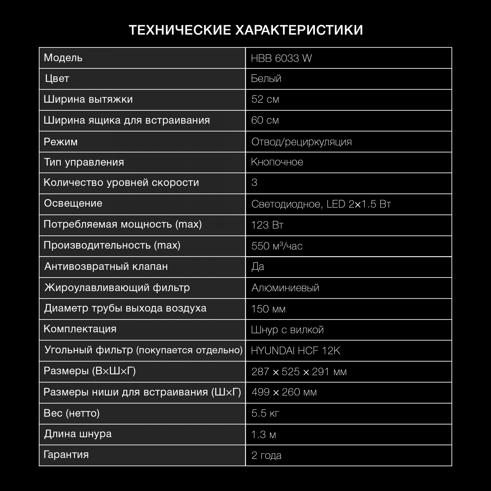 Вытяжка встраиваемая Hyundai HBB 6033 W, превью предыдущего фото